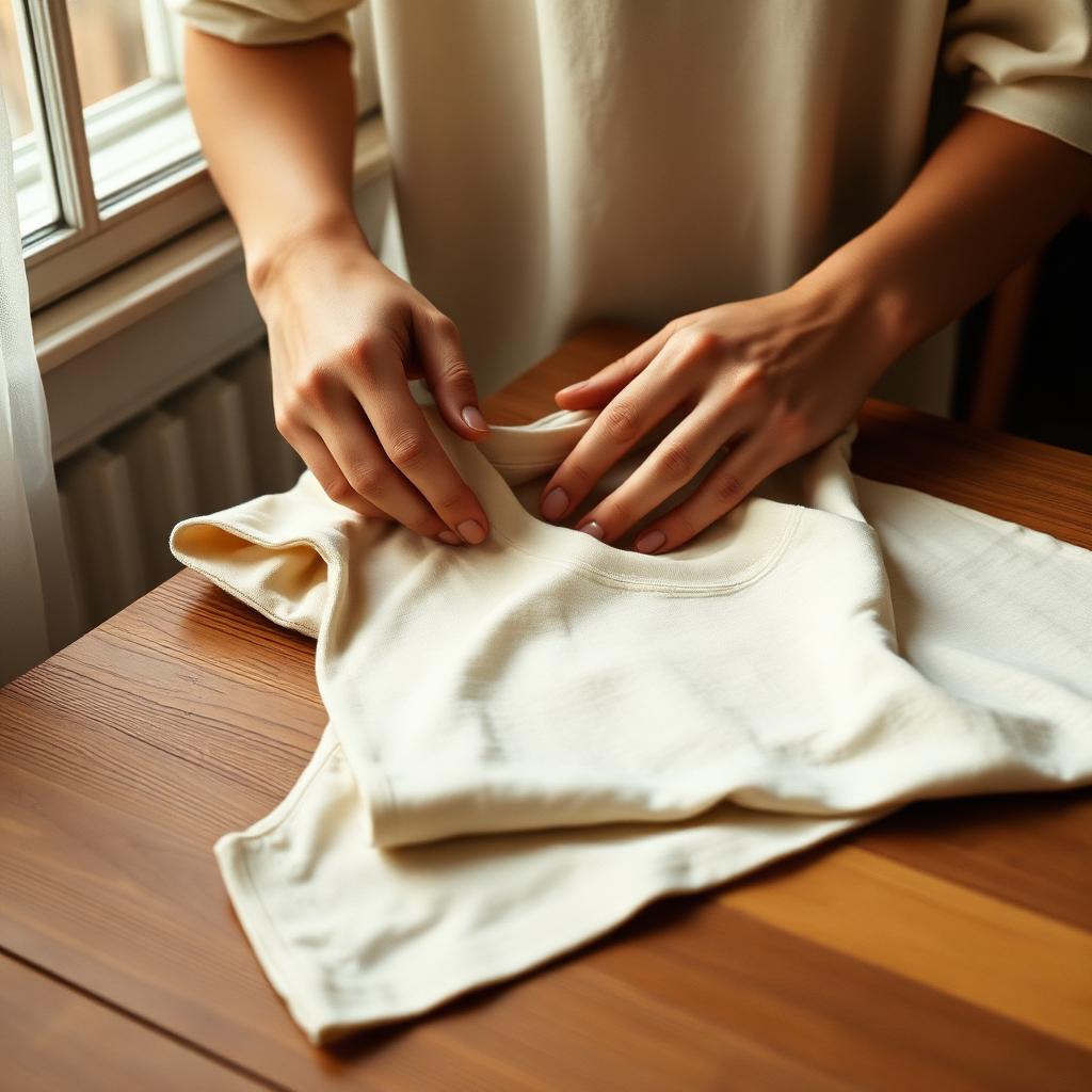 Handen die een t-shirt vouwen